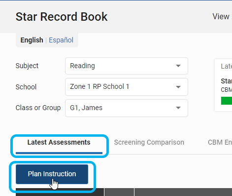 on the Latest Assessments tab, select Plan Instruction