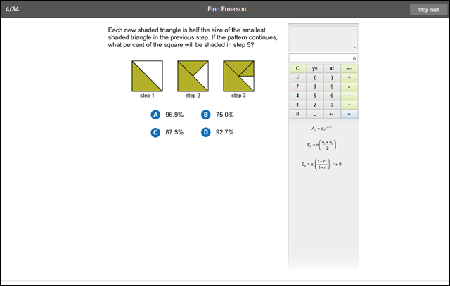 An example geometry question, with the calculator and formula reference sheet on the right.