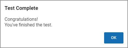 The message states: 'Congratulations! You've finished the test.' The OK button is at the bottom.