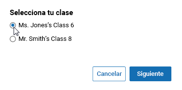 The Selecciona tu clase window, with two classes shown; the first one has been selected. The Cancelar and Siguiente buttons are at the bottom.