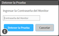 The Stop Test window, with a field to enter the monitor password. The Stop Test and Cancel buttons are at the bottom.