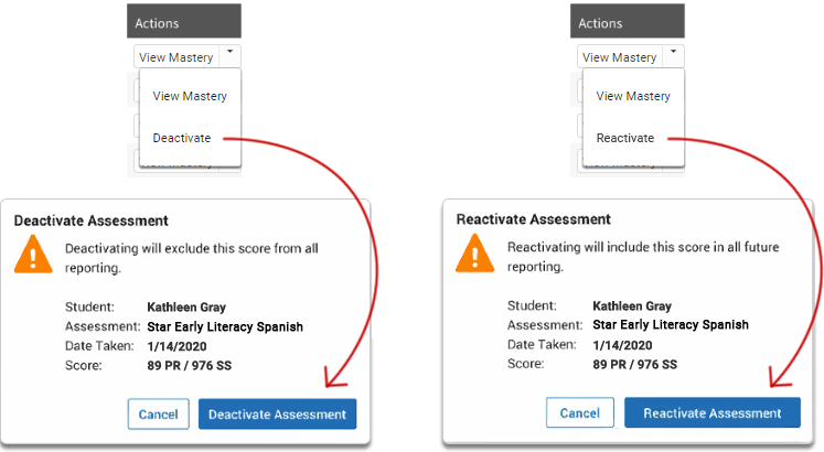 In the example on the left, Deactivate has been selected from the drop-down list, and the Deactivate Assessment pop-up window is open. The name of the student, the assessment, the date taken, and score are all shown; the Deactivate Assessment and Cancel buttons are at the bottom. In the example on the right, Reactivate has been selected from the drop-down list, and the Reactivate Assessment pop-up window is open. The name of the student, the assessment, the date taken, and score are all shown; the Reactivate Assessment and Cancel buttons are at the bottom.