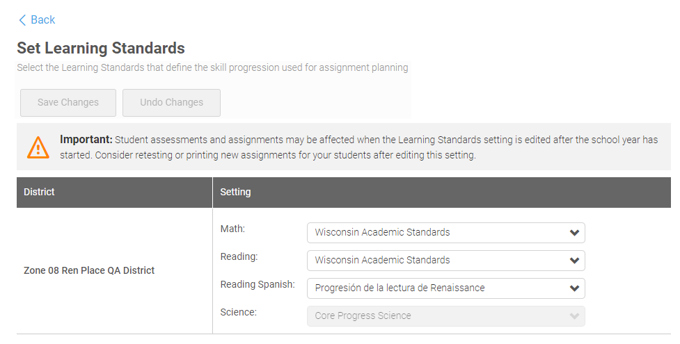 the Set Learning Standards page with drop-down lists for each subject