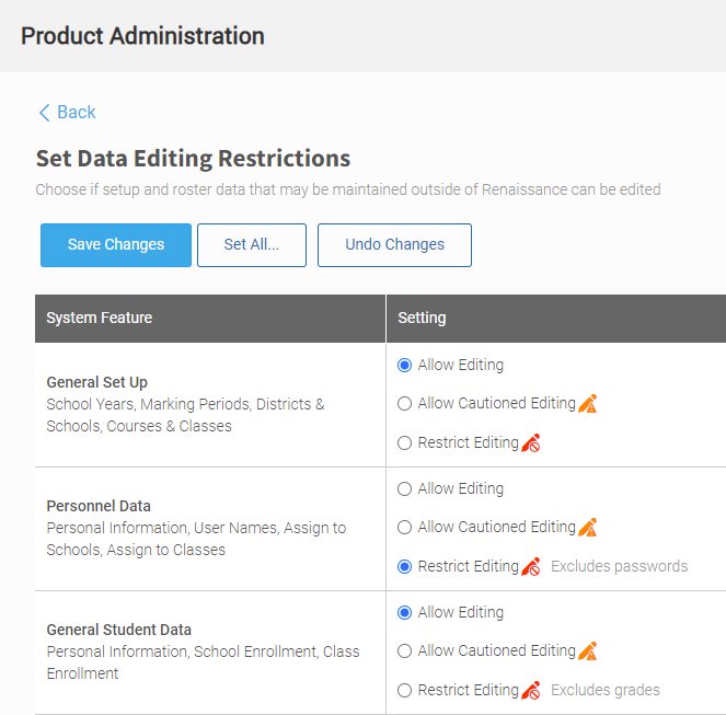 example of the Set Data Editing Restrictions page