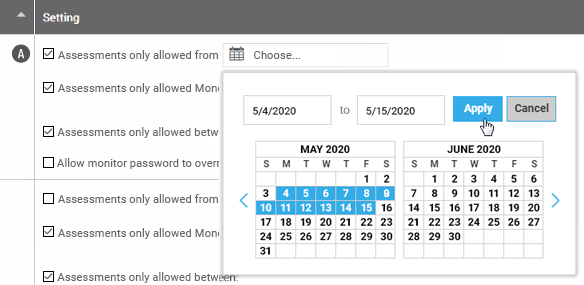 A pop-up window with a calendar for picking dates. The Apply and Cancel buttons are at the top.
