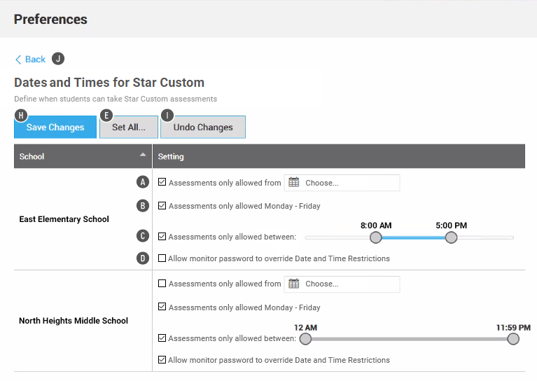 The preference options set for two schools. The Save Changes, Set All, and Undo Changes buttons are at the top.