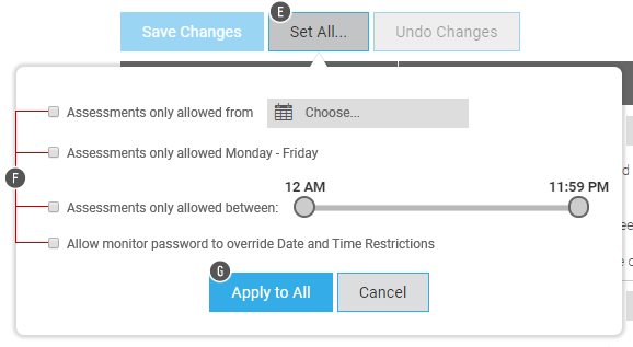 The Set All pop-up window, showing the options that can be set for multiple schools. The Apply to All and Cancel buttons are at the bottom.