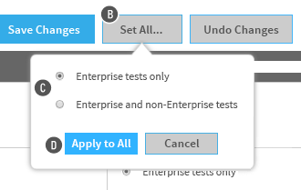 The Enteprise Tests preference settings that can be set for multiple schools. The Apply to All and Cancel buttons are at the bottom.