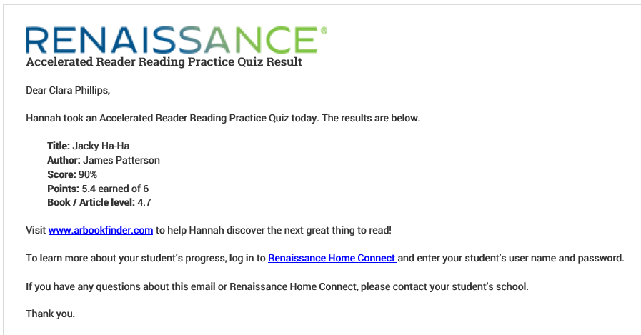 am example of an email sent after a student takes an AR quiz