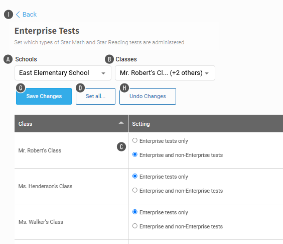 The setting for the preference in three classes is shown in a table. The Save Changes, Set All, and Undo Changes buttons are above the table.