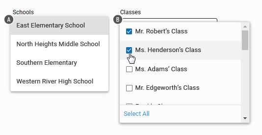 The Schools and Classes drop-down lists.