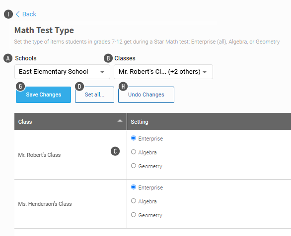 The setting for the preference in two classes is shown in a table. The Save Changes, Set All, and Undo Changes buttons are above the table.