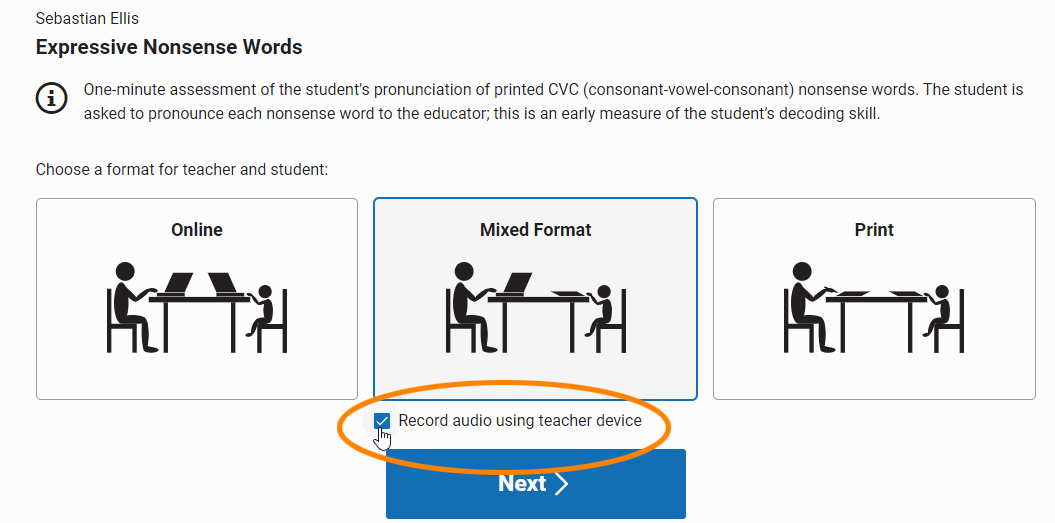 the check box for Mixed format assessments, labeled Record audio using teacher device
