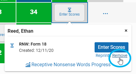 for print assessments, select Enter Scores, then select Remove in the popup