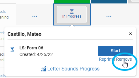 for mixed format assessments, select In Progress, then select Remove in the popup