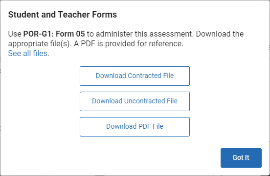 the Download Contacted File, Download Uncontracted File, and Download PDF File options for a reading assessment