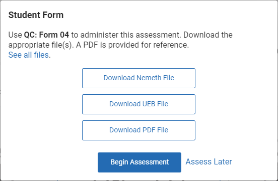the Download Nemeth File, Download UEB File, and Download PDF File options for a math assessment