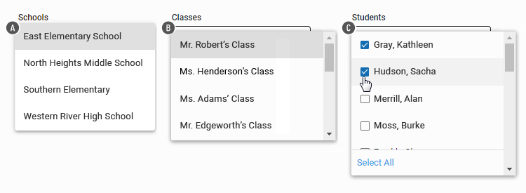 The School, Classes, and Students drop-down lists.