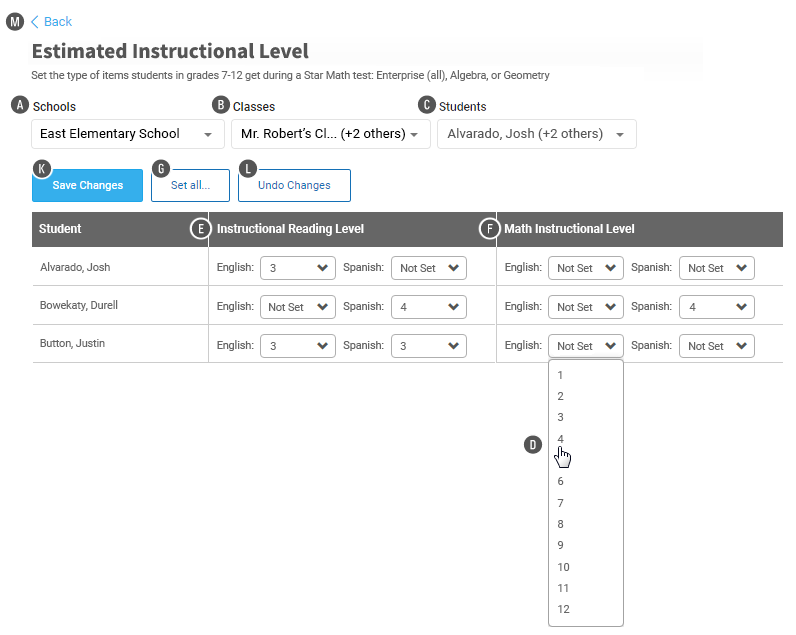 The setting for the preference for three students is shown in a table. The Save Changes, Set All, and Undo Changes buttons are above the table.