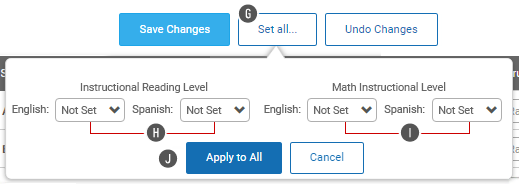 The Set All button has been selected; the setting for all students is in a pop-up window. The Apply to All and Cancel buttons are at the bottom.