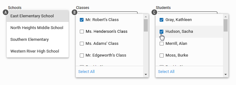The Schools, Classes, and Students drop-down lists.