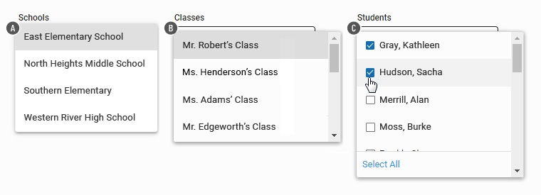 The Schools, Classes, and Students drop-down lists.