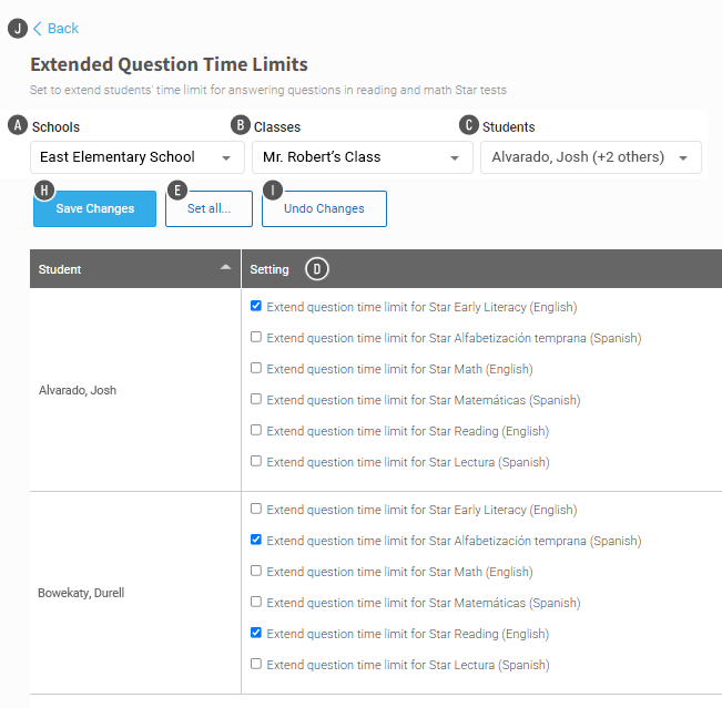 The setting for the preference for two students is shown in a table. The Save Changes, Set All, and Undo Changes buttons are above the table.