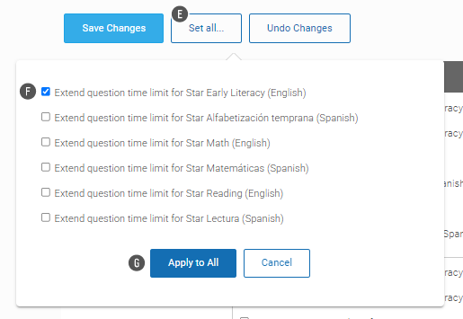 The Set All button has been selected; the setting for all students is in a pop-up window. The Apply to All and Cancel buttons are at the bottom.