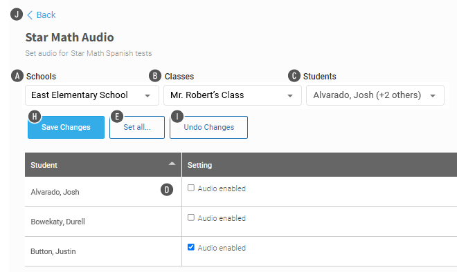 The setting for the preference for three students is shown in a table. The Save Changes, Set All, and Undo Changes buttons are above the table.