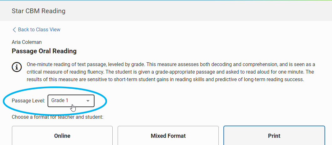 for Passage Oral Reading, select the passage grade level