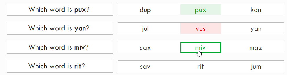 example of the Receptive Nonsense Words form with answers selected and marked correct and incorrect