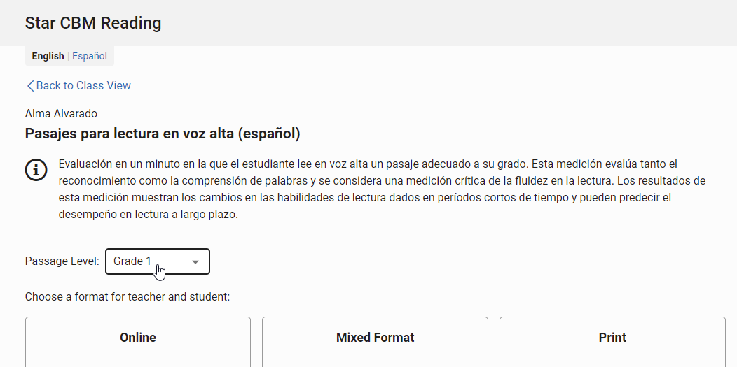 for Pasajes para lectura en voz alta español, choose the passage grade level