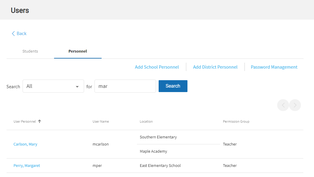 an example of personnel search results showing names, user names, location/school, and permission group for each user