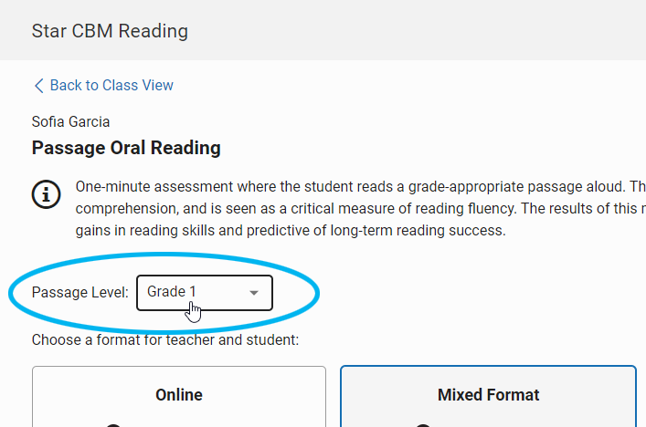 for Passage Oral Reading, use the drop-down list to choose a grade level