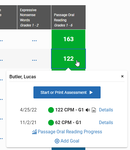 select a score to see options for assessment details, the measure progress, and adding a goal