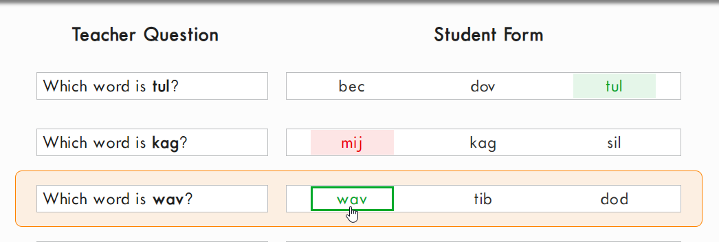 example of Receptive Nonsense Word options marked correct and incorrect