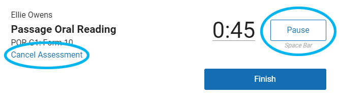 the Pause and Cancel Assessment options