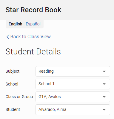 use the drop-down lists to change the subject, class or group, school, or student