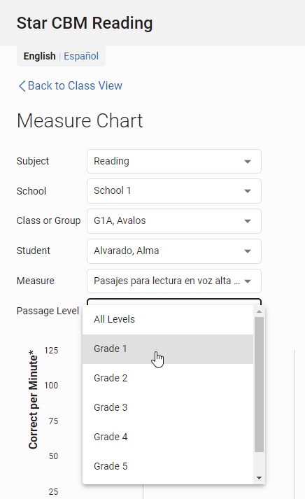 the passage grade level drop-down list