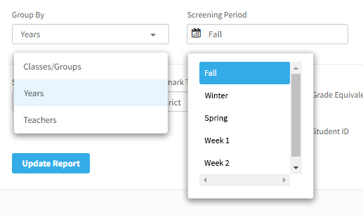 The Group By and Screening Period drop-down lists.