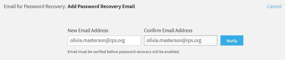 the Email for Password Recovery fields