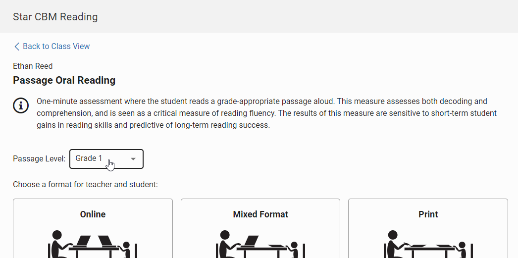 for Passage Oral Reading, select the grade for the passage level