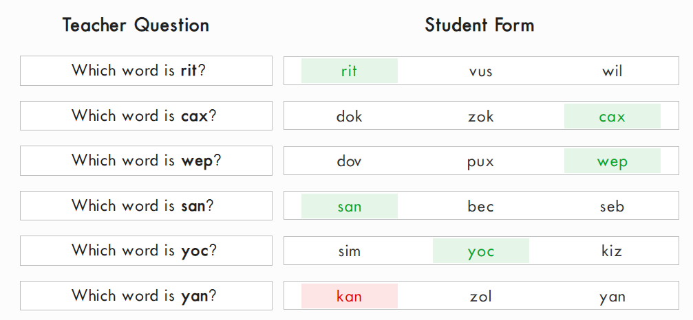 example of Receptive Nonsense Words items marked correct and incorrect