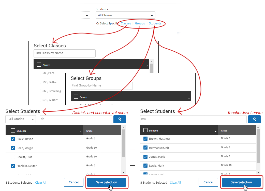 Examples of the pop-up windows that appear when the Classes, Groups, or Students links are selected. In each case, a search field at the top lets you search for specific classes, groups, or students; a check box above the listed classes, groups, or students lets you select or deselect all of them at once; and the Clear All link, Cancel button, and Save Selection buttons are at the bottom.