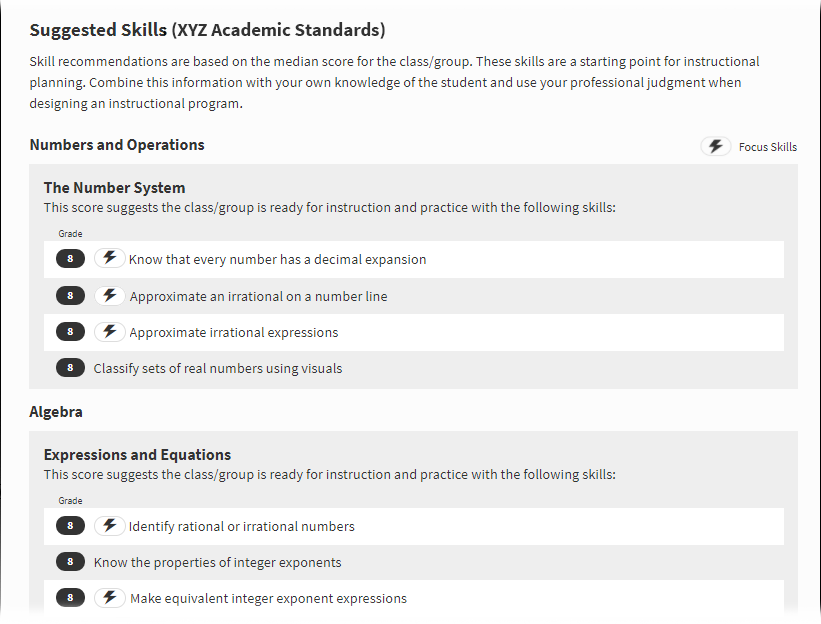 A list of suggested skills for the students, based on their test scores. Focus skills are indicated with an icon.