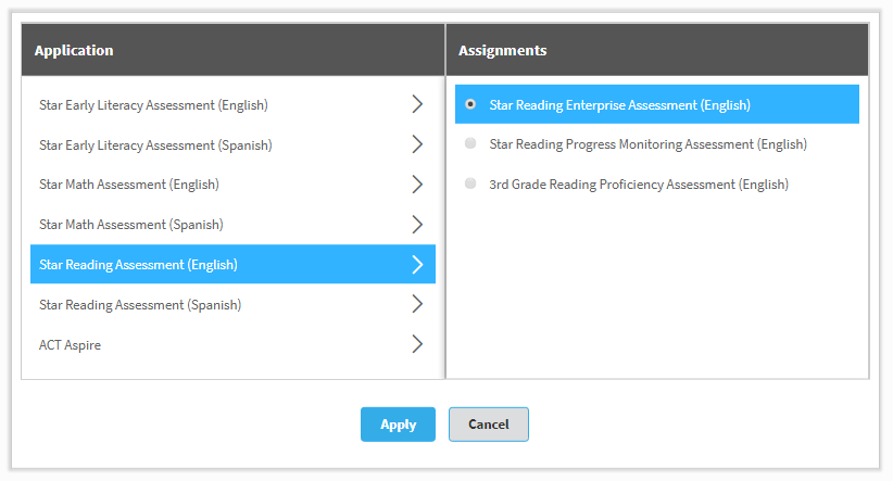 An application has been selected in the Application column on the left, and an assignment type has been selected in the Assignments column on the right. The Apply and Cancel buttons are at the bottom.