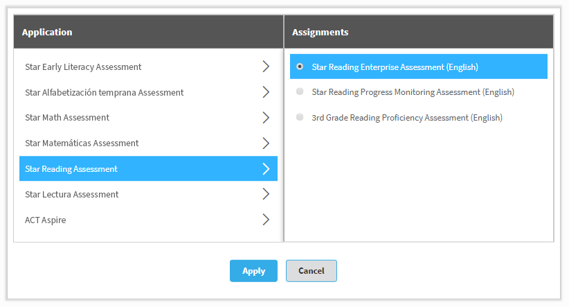 An application has been selected in the Application column on the left, and an assignment type has been selected in the Assignments column on the right. The Apply and Cancel buttons are at the bottom.