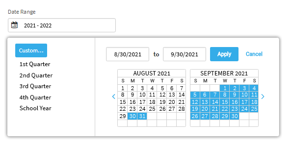 The user has chosen to select custom dates. A pop-up calendar is open, allowing the user to choose the dates. The dates can also be entered in the fields above the calendar. The Apply and Cancel buttons are in the upper-right corner of the pop-up window.