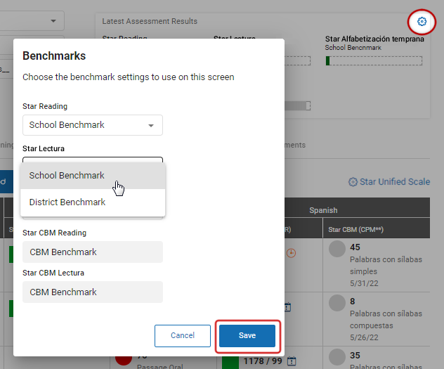 The gear is selected; in the pop-up window, each Star product has its own benchmark drop-down list. The Cancel and Save buttons are at the bottom.