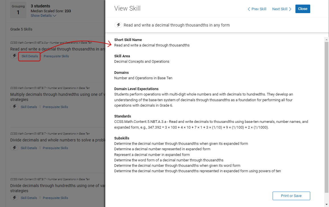 The details shown for one of the skills, including a shorter version of the skill name, the skill area, domains, domain level expectations, standards, and subskills. 